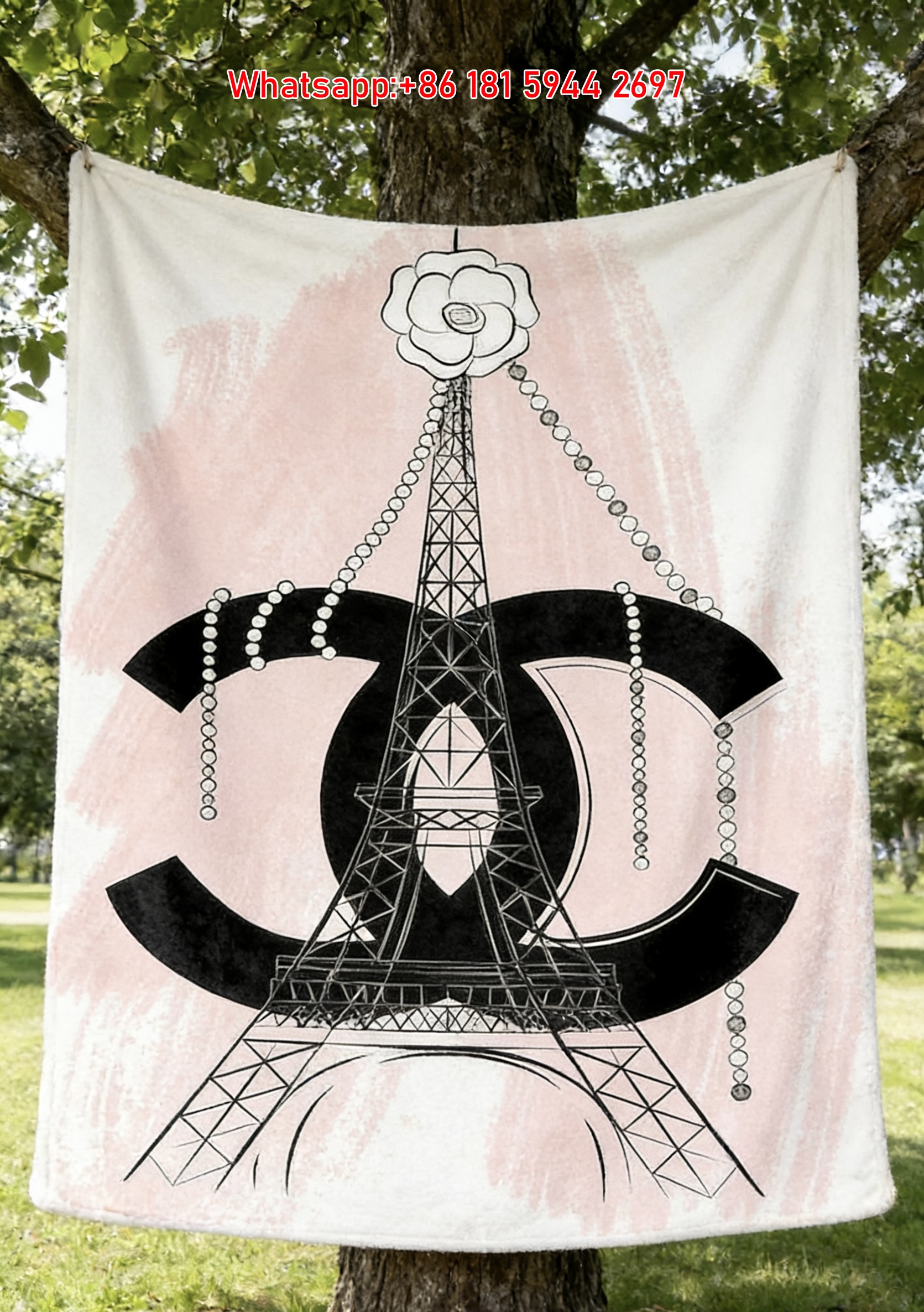 Chanel Eiffel Tower & CC Logo Pink Flannel Sofa Throw Blanket IMG_6725